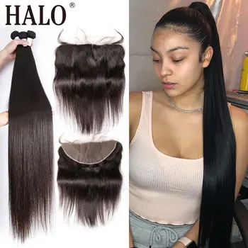

Halo hair Brazilian Straight Hair 3/4 Bundles Pre Preplucked With Lace Frontal Closure 13X4 Free Part 100% Human Remy Hair