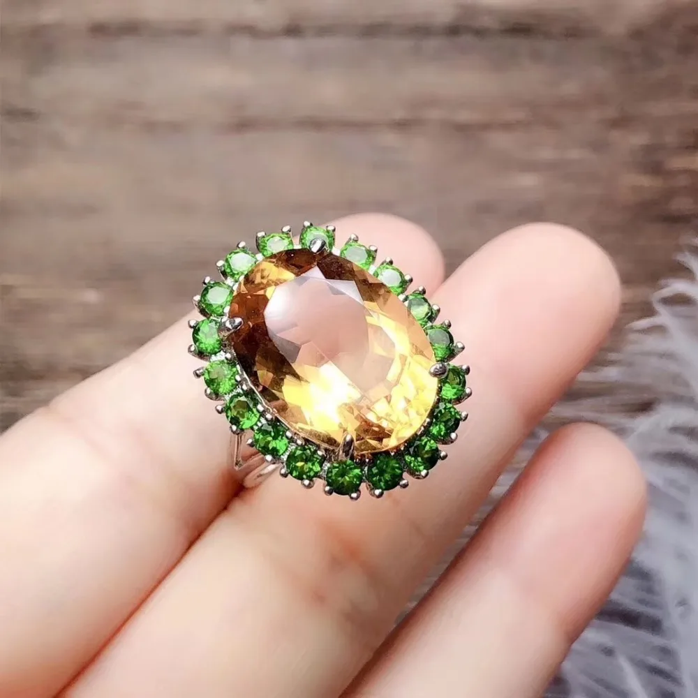 Free shipping Real natural Original citrine Inlay Natural Diopside 925 sterling silver Fine yellow gem 13*18mm