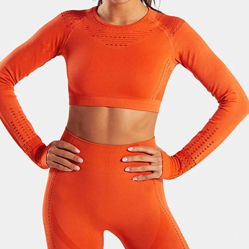 Спортивный Топ с длинным рукавом для йоги, женский укороченный бесшовный топ для спортзала, Спортивная футболка для тренировок, женские дышащие топы для фитнеса, спортивная одежда - Цвет: Orange T-shirt