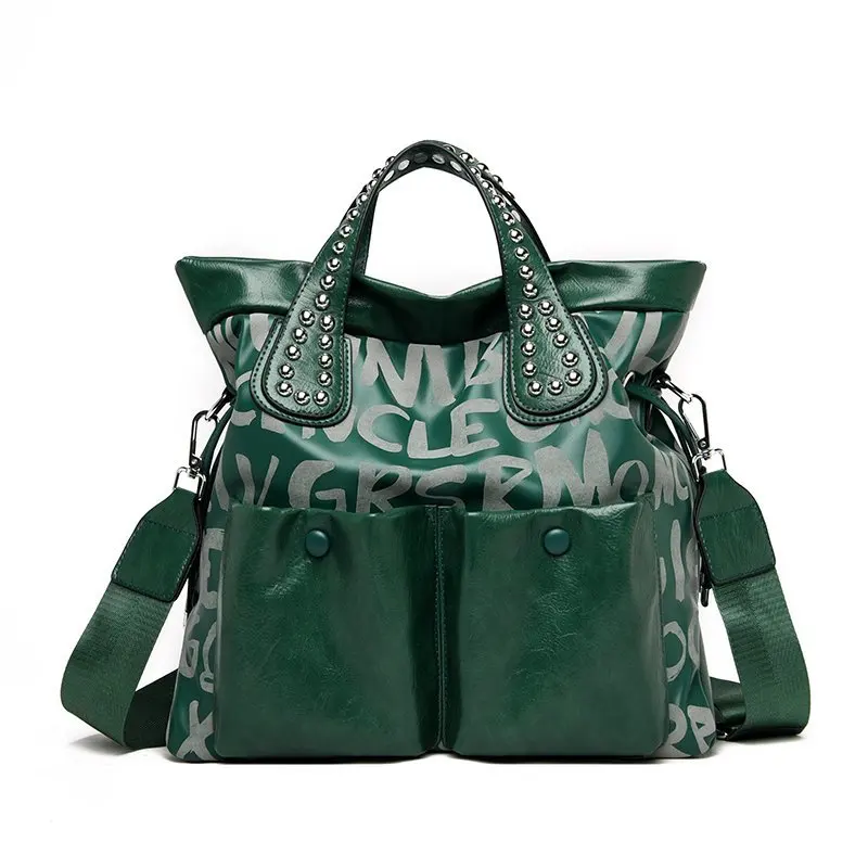 Bolso de mano con y letras para mujer, bandolera de cuero de alta calidad, de diseñador, de gran capacidad, color negro|Bolsos de hombro| -