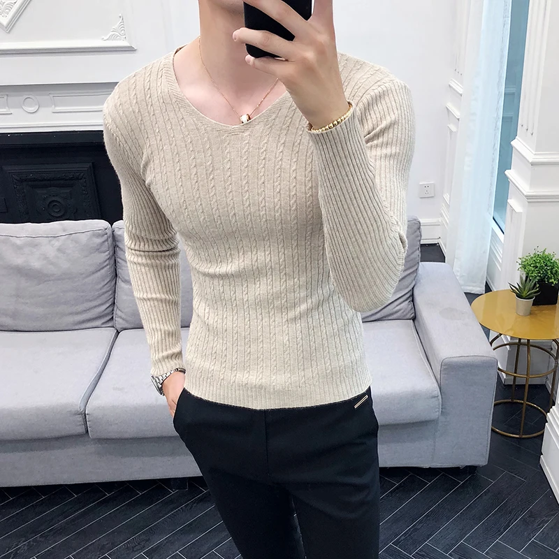 Hot Sale Men Casual Sweater Fashion Long Sleeve Pull Homme Streetwear Slim Fit V Neck Knitting Sweaters Mens Clothing 2XL - Цвет: Бежевый