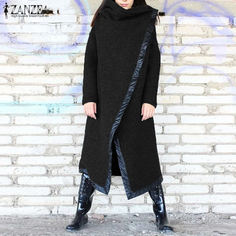 ZANZEA длинные пальто женские повседневные Длинные куртки с длинными рукавами зимнее женское пальто однотонная водолазка асимметричный подол длинная верхняя одежда