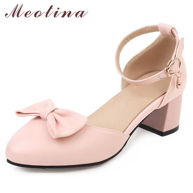 

Meotina High Heels Women Pumps Sweet Bow Square High Heels Ankle Strap Shoes Buckle Round Toe Lolita Shoes Lady Big Size 34-43