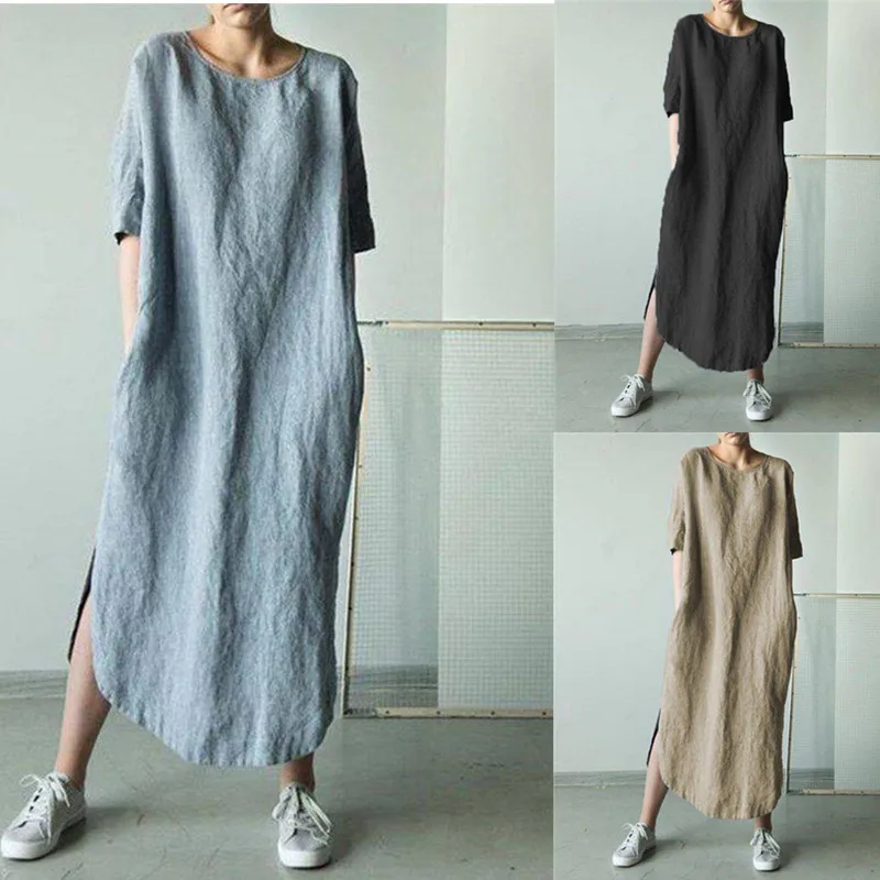 

Zogaa 2019 New Cotton Linen Women's Dress European American Style Casual Linen Women's Long-sleeved Round Neck Dress Hot Sale