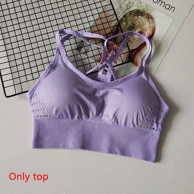 Violet top 2 шт. бесшовный комплект для йоги, женская одежда, спортивная одежда, женские леггинсы для спортзала, фитнеса, штаны с мягкими чашечками пуш-ап, спортивный бюстгальтер, спортивные костюмы - Цвет: Violet top