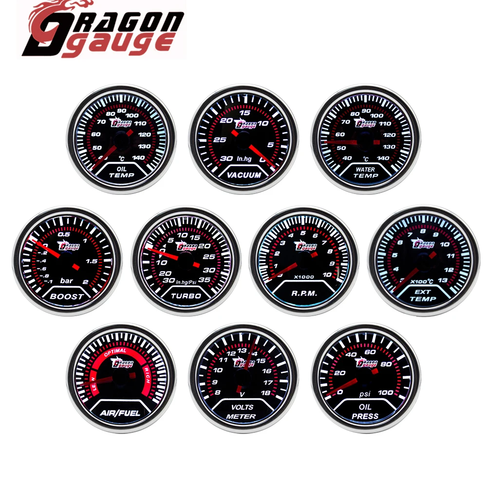 Dragon dragão 52 52mm água temp óleo imprensa voltímetro vácuo tacômetro rpm boost gauge ar relação de combustível egt calibre para carro de 12 volts