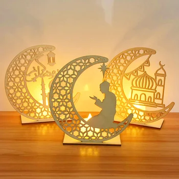 EID Mubarak Wooden Pendant with LED Candles Light Ramadan Decorations For Home Islamic Muslim Party Eid Decor Kareem Ramadan 1
