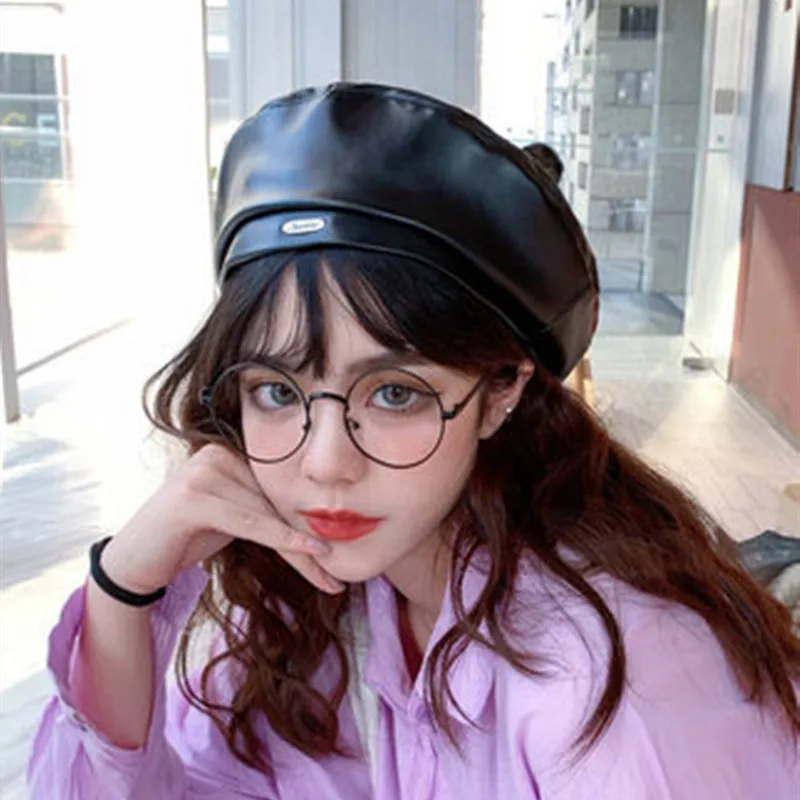 

PU Piberet Female Summer Slim Autumn Winter British Retro Octagonal Hat Korean Edition Japanese Tidal ins Black