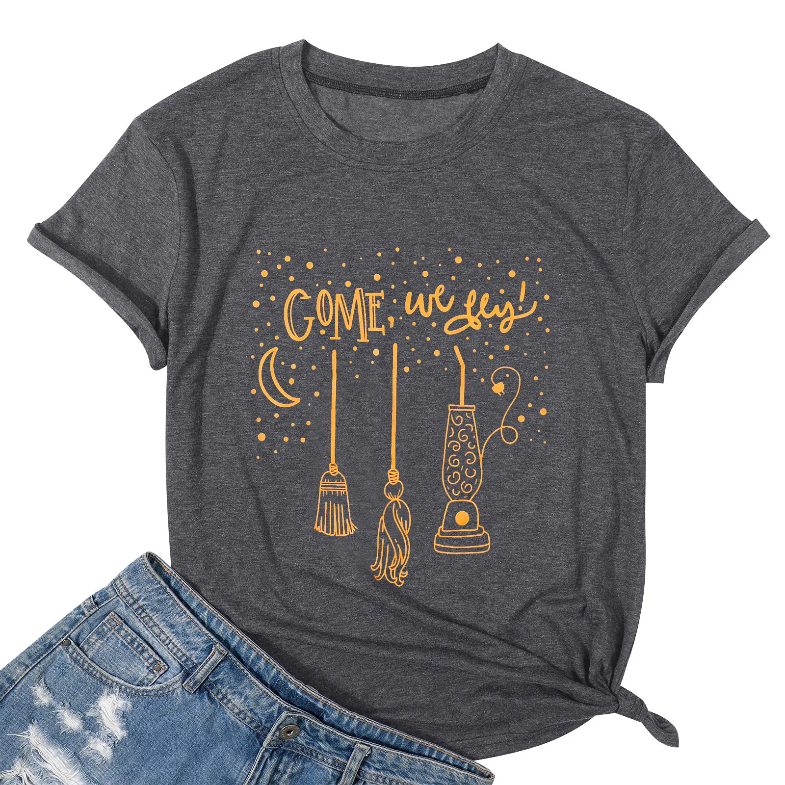 Come We Fly 100% Cotton T-shirt Funny Women Halloween Party Tshirt Autumn Short Sleeve Graphic Witch Tops Tees Shirts Femme 2021 2