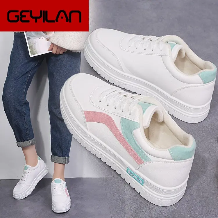 

Small White Shoes Female Plus Velvet Student Shoes Female Winter Lace Joker Shoes Thick Bottom Flat Bottom Sports Shoes