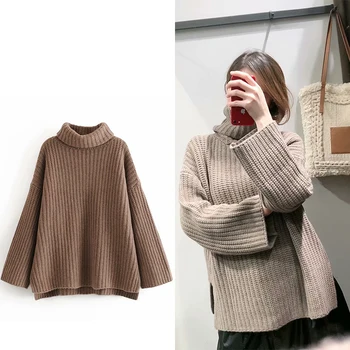 

2019 autumn and winter warm knitted sweaters 2019 ladies O-neck Solid color t pullover casual loose long-sleeved sweater