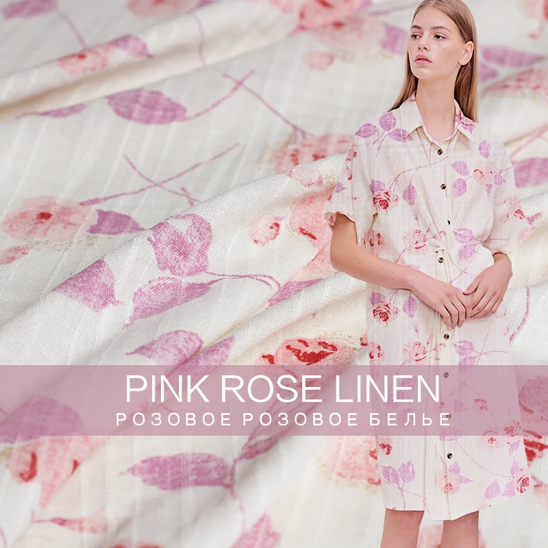 

Pearlsilk Pink Chinese rose Printed 100%Linen Flax Garment Materials Spring Dress DIY clothes fabrics Freeshipping