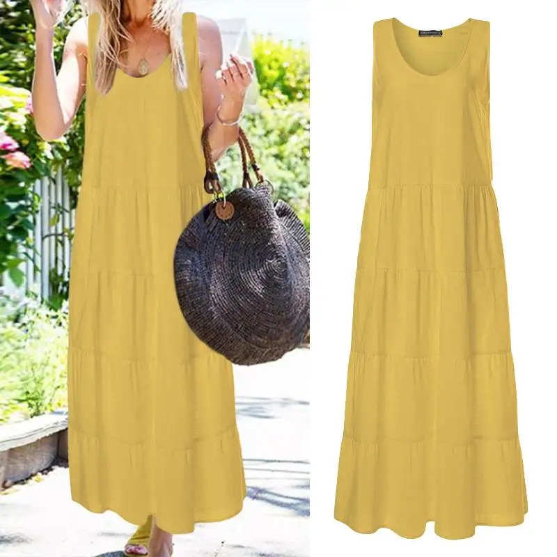 

Ruffle Maxi Dress Women's Sundress ZANZEA 2019 Summer Sleeveless Patchwork Tank Vestidos Female O Neck Casual Robe Plus Size