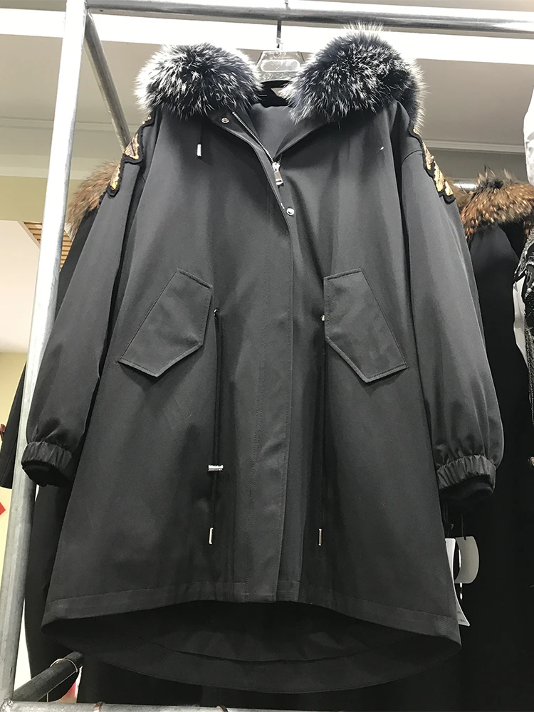 Меховые парки с принтом Highstreet, с воротником из меха енота, с капюшоном, с вышивкой в виде орла, с подкладкой из меха кролика, пальто для женщин, зимняя повседневная верхняя одежда