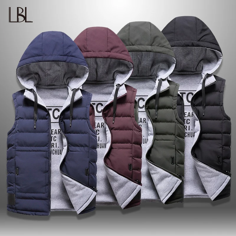 

Vest Men Winter Down Vest Men's Casual Waistcoat Sleeveless Hooded Jacket Men Warm Vest Jacket Worn On Both Sides Plus Size 4XL