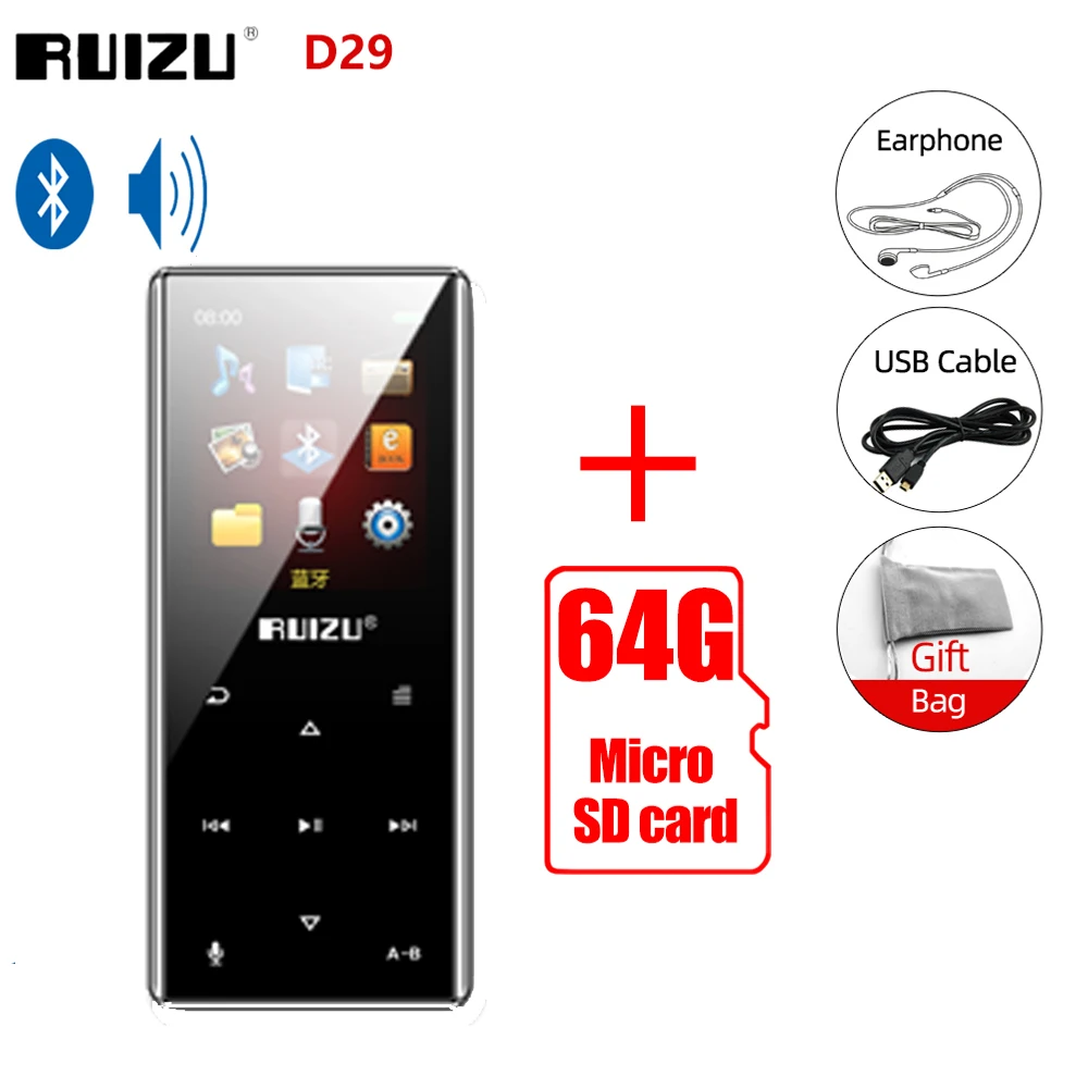 RUIZU D29 Bluetooth MP3 Player Portable Audio 8GB Music Player With Built-in Speaker Support FM,Recording,E-Book,Clock,Pedometer 