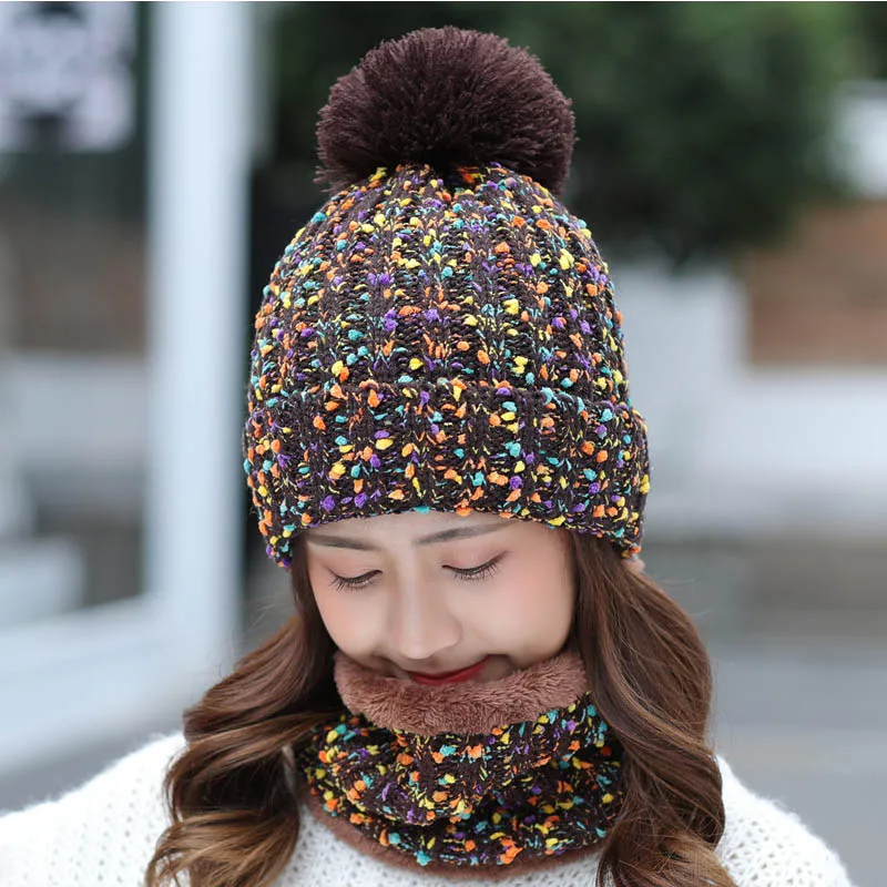 Women's Winter hat and Scarf Set Wool Skullies Beains Cotton Thick Winter Warm Hat Ring Scarf Female Hats Men - Color: coffee