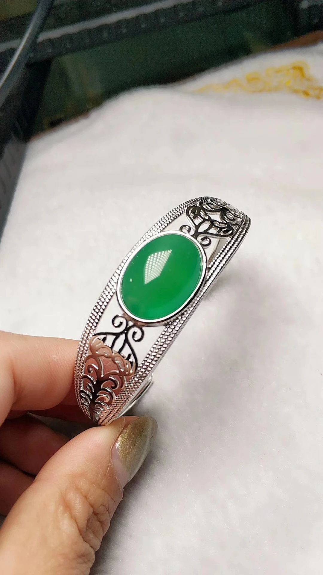 LETSFUN Fine JewelrySterling S925 Серебряный браслет зеленый нефрит Эллипс Браслет