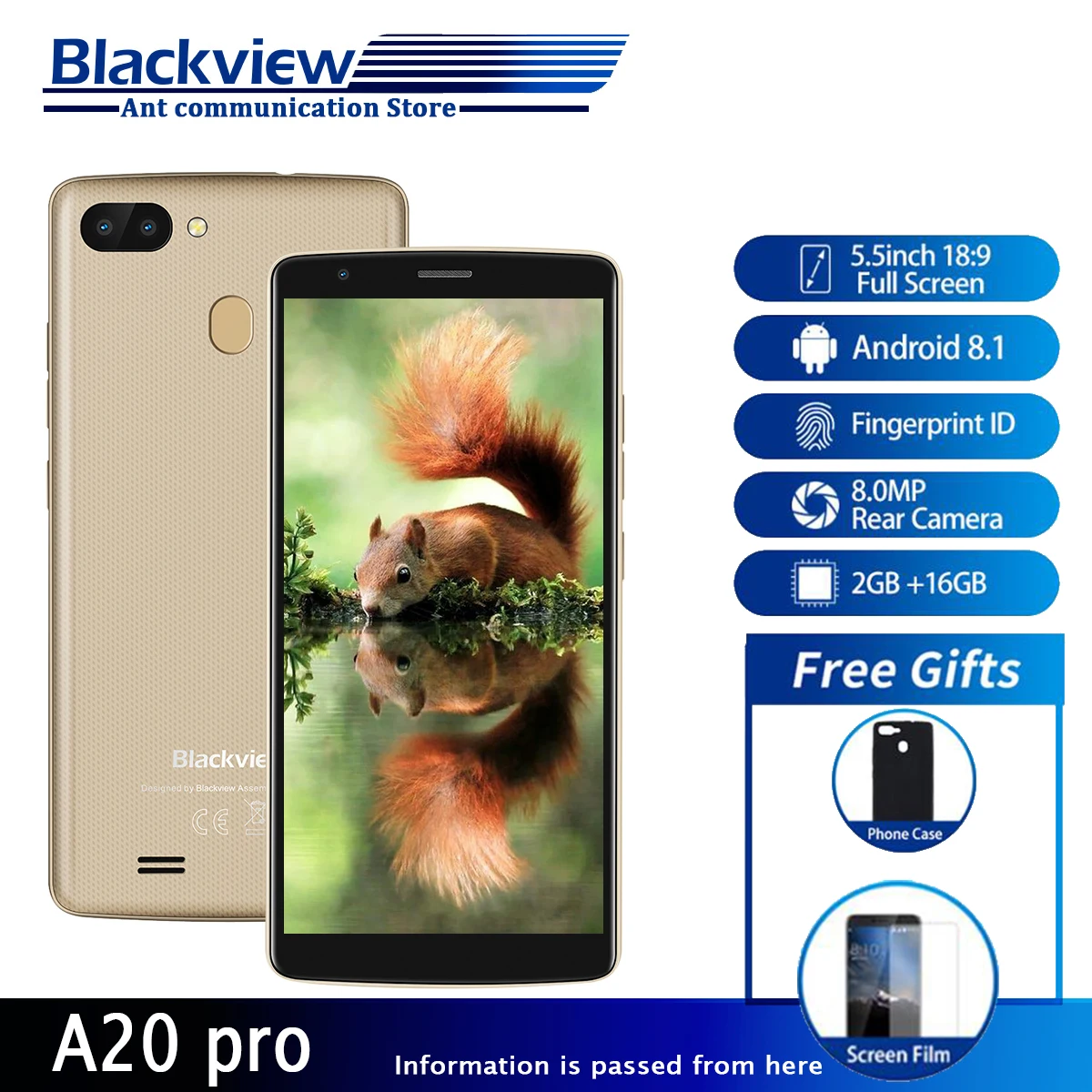 

The New Blackview A20 Smartphone 18:9 5.5 Inch Screen Android Go Dual Camera 1GB+8GB 3000mAh Battery 3G Mobile Phone MT6739WAL