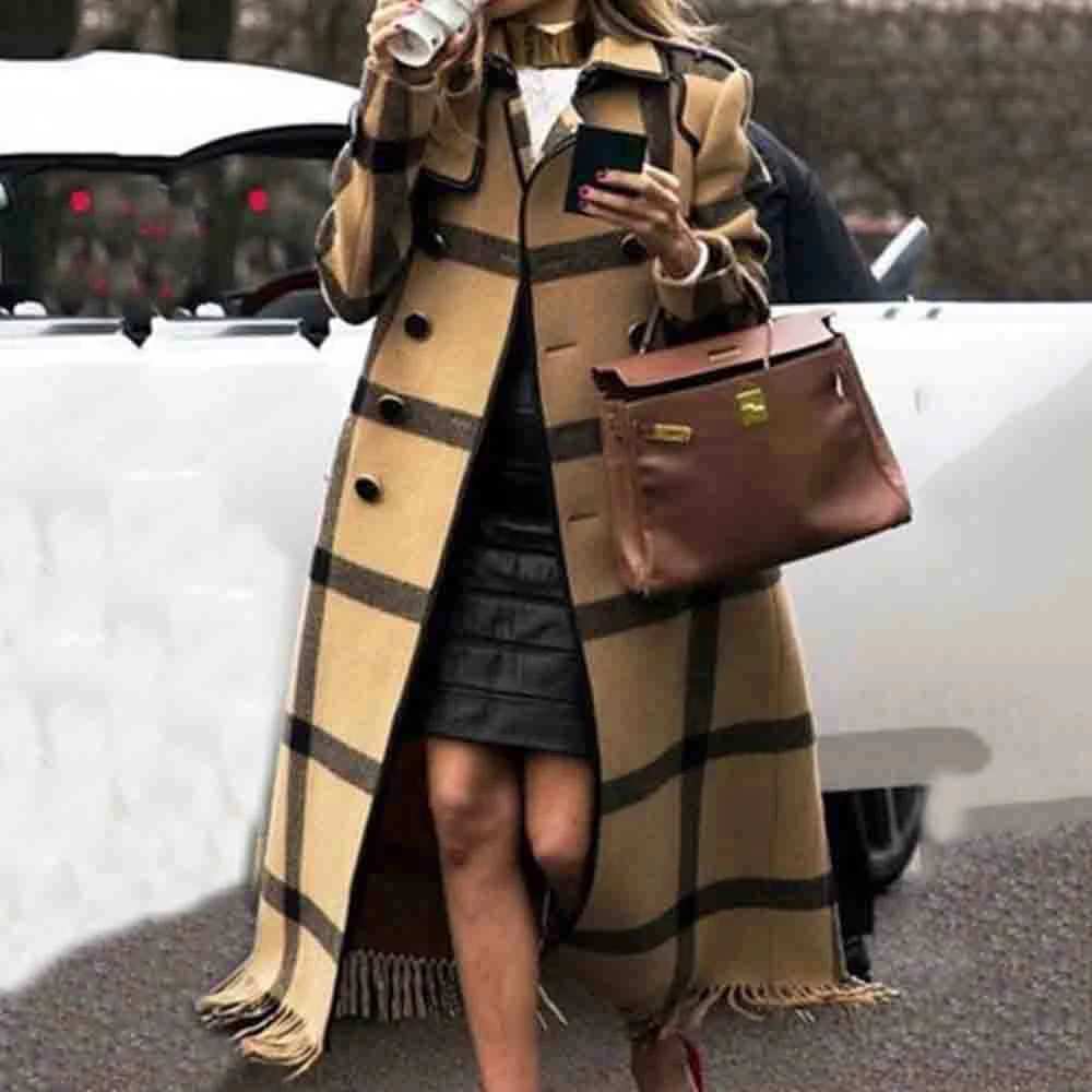 

Plaid Wool Coat Women Fall Winter Overcoat 2019 Vintage Woolen Blends Graphics Long Coats Plus Size Casual Office Ladies Outwear