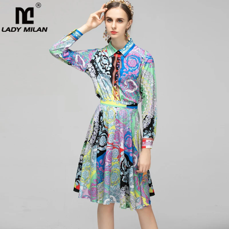 

Women's Runway Twinsets Turn Down Collar Long Sleeves Printed Shirts with Floral Skirts Two Piece Dress Sets