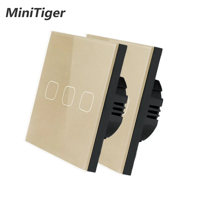 2 pcs gold 3 gang Minitiger AC220V, 1/2/3 1Way светильник стены Сенсорный экран переключатель сенсорный выключатель света ЕС Стандартный сенсорный выключатель с украшением в виде кристаллов Стекло Панель сенсорный выключатель 2 шт - Цвет: 2 pcs gold 3 gang