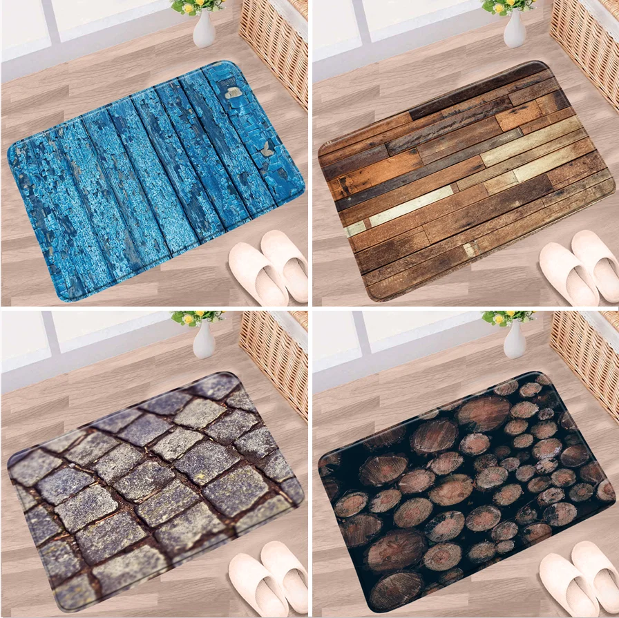 Zerbino Vintage Old Wood Plank Tappetino Da Bagno Stone Brick Blue Brown Pattern Tappeto Antiscivolo Flanella Kitchen Doorway Corridoio Tappeto Pad