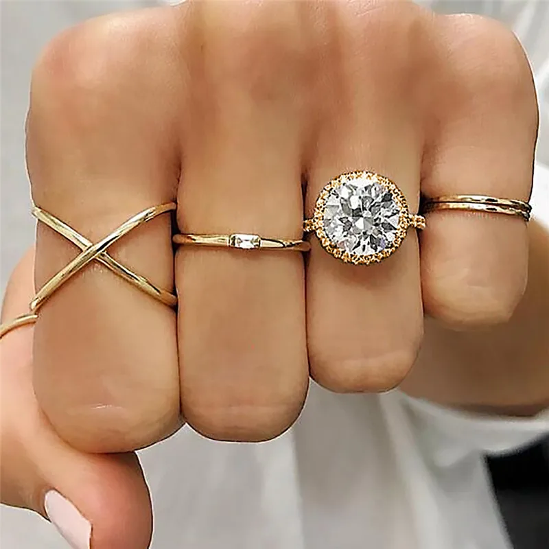 VAGZEB Vintage Crystal Flower Rings For Women Fashion Retro Geometric Gold Color Knuckle Ring Set Statement Jewelry Gifts - Цвет основного камня: 15728