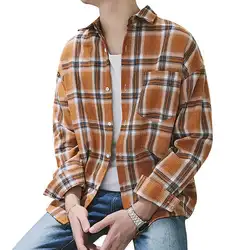 Японский стиль Harajuku хлопок 100% Модные повседневные свободные многоцветные клетчатые топы с длинными рукавами для отдыха мужские рубашки в