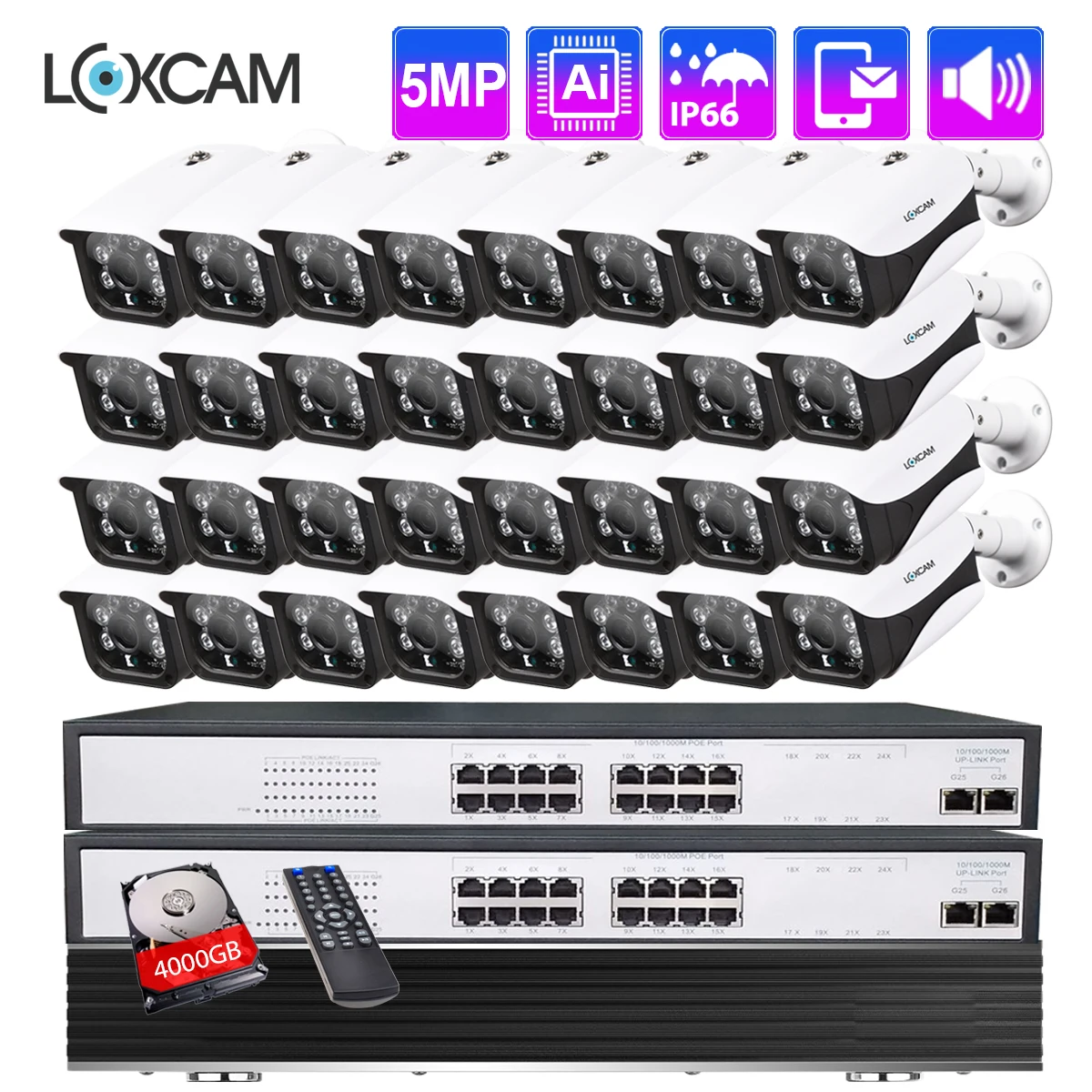 Система видеонаблюдения LOXCAM 32 канала 4K NVR HD 5 МП POE запись звука водонепроницаемая