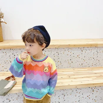 

Children's knitted pullover autumn winter baby clothes Colorful rainbow wave stripes knitted sweater
