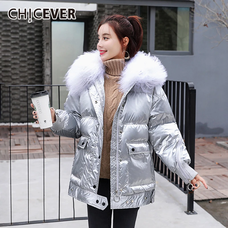 

CHICEVER Patchwork Fur Parkas Women Lantern Sleeve Pocket Korean Oversized Casual Winter Coat Female Fashion New 2019 Clothes