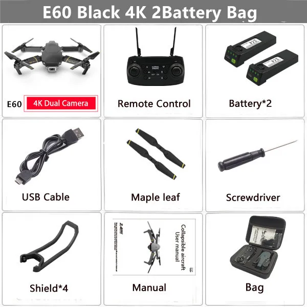 Дрон E60 RC с 4K HD камерой FPV Wi-Fi функция удержания высоты Selife Дрон складной Квадрокоптер Vs E58 E520 SG106 M69 дроны - Цвет: 4K Black 2B Bag