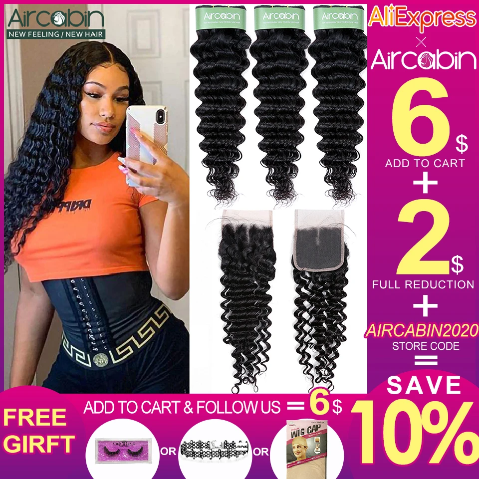 Najtaniej Aircabin brazylijski głęboki fala ludzkich włosów 3 wiązki z 4x4 koronka zamknięcie nie Remy włosy głęboka pasma falowanych włosów z zamknięciem tissage