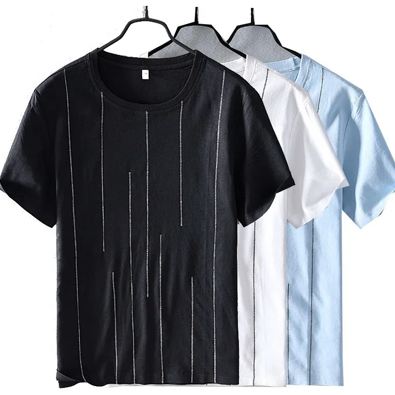 

2020 summer new men's stripe linen t-shirt men's short sleeve round neck cotton and linen slim body shirt hemp elastic tops tee