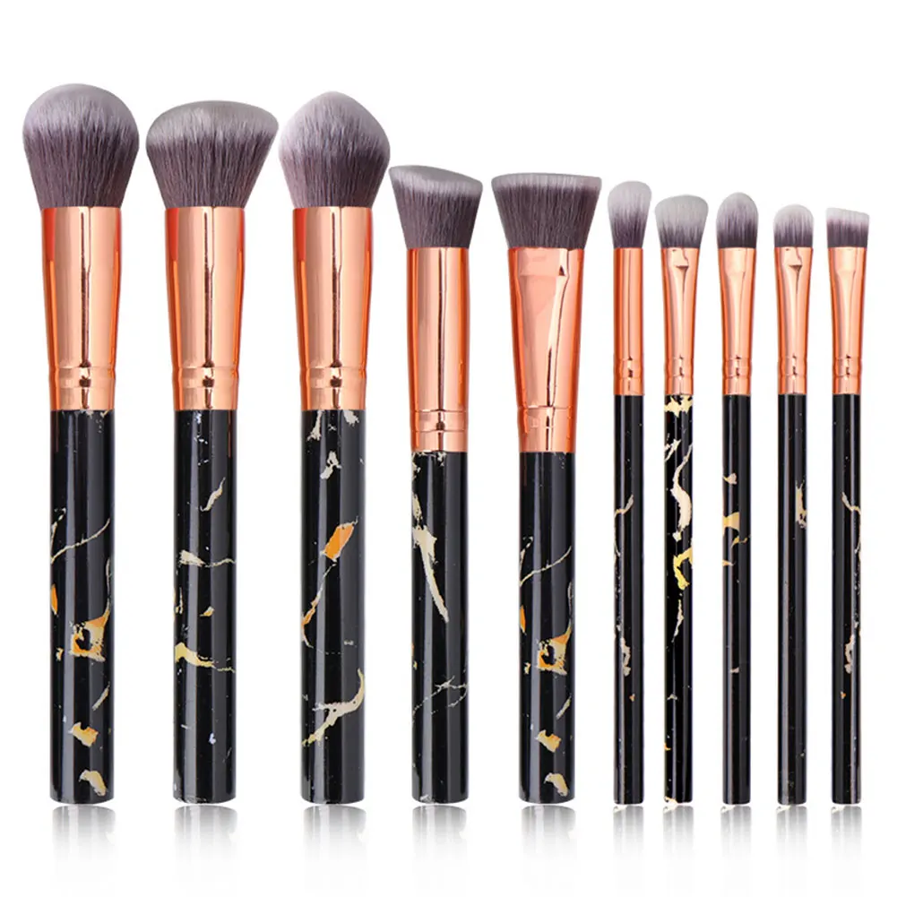 

10pcs/set Plastic Handle Ergonomic Daily Use Powder Blending Makeup Brush Face Foundation Washable Soft Eyeshadow Marble Texture