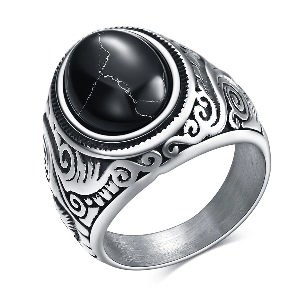 Wholesale Retro Turquoise Stone Men's Ring in Titanium Steel with Onyx and Opal Inlay