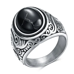 Wholesale Retro Turquoise Stone & Onyx Ring for Men in Titanium Steel (Black 2)