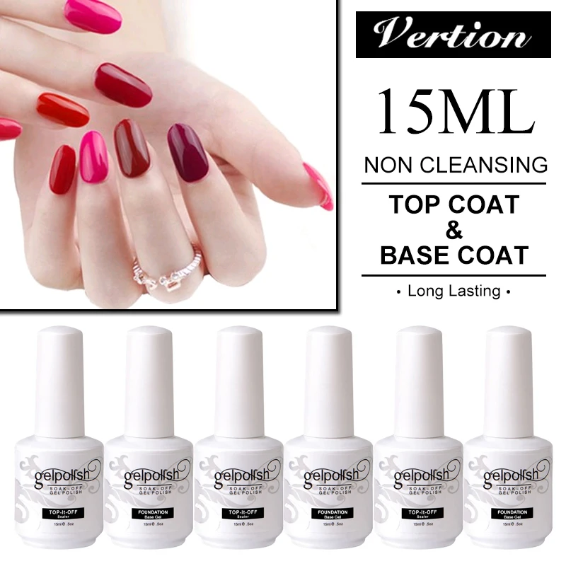 Verntion Bottom Gel Top Base Coat Gel Polish UV Shiny Sealer Soak off Reinforce 15ml Long Lasting Nail Art Manicure Gel Primer