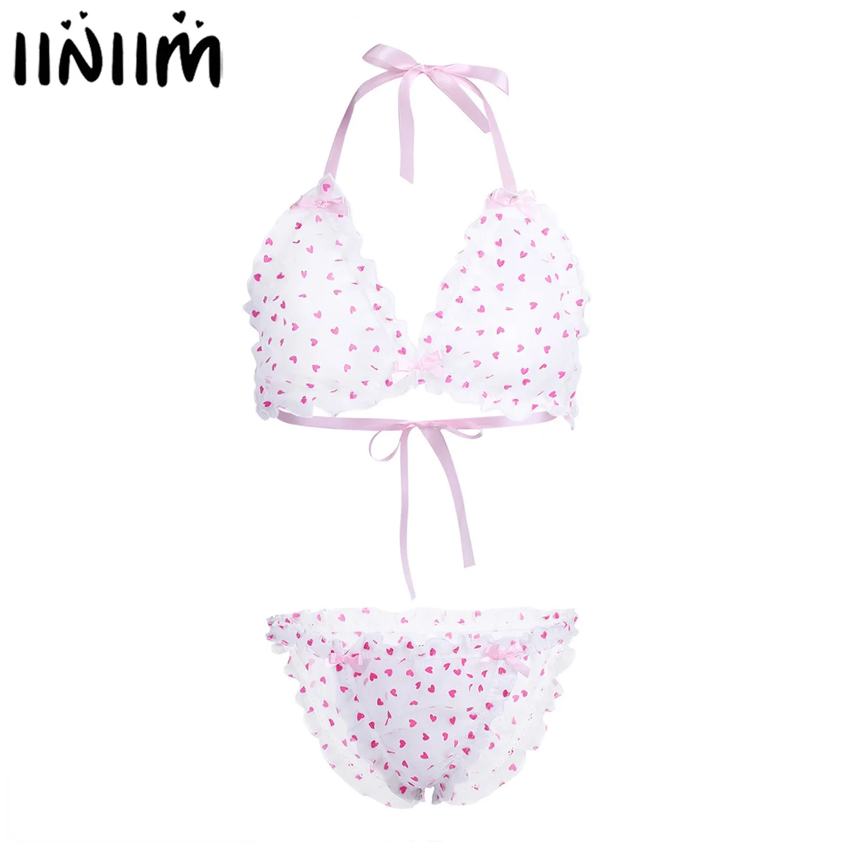 

2Pc Men Love Heart Print Underwear Sexy Sissy Transparent Pink Kawaii Bikini Lingerie Set Halter Bra+Briefs Gay Erotic Nightwear