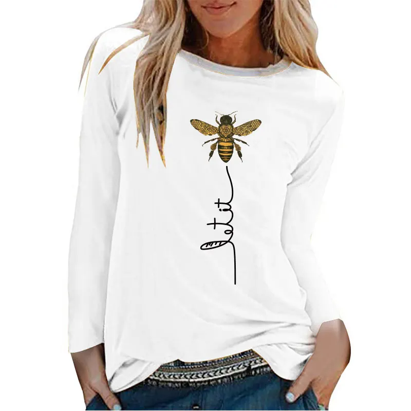 Bee Printing T-shirts Women Long Sleeve Graphic Tees Streetwear White Round Neck Aesthetic Clothes Fashion Tops for Ladies | Женская