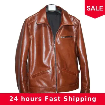 

2020 Brown Men Slim Fit Casual Leather Jacket Plus Size XXXXXL Genuine Cowhide Russian Autumn Fashion Natural Leather Coat
