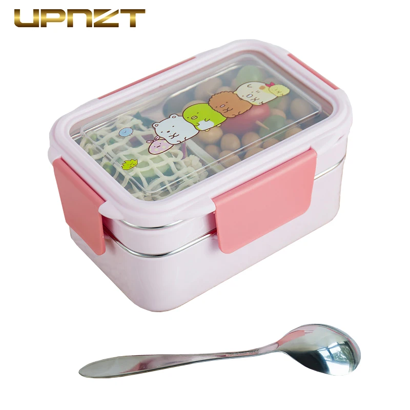 

Cartoon Lunch Box Stainless Steel Double Layer Food Container Portable for Kids Kids Picnic School Bento Box With Spoon