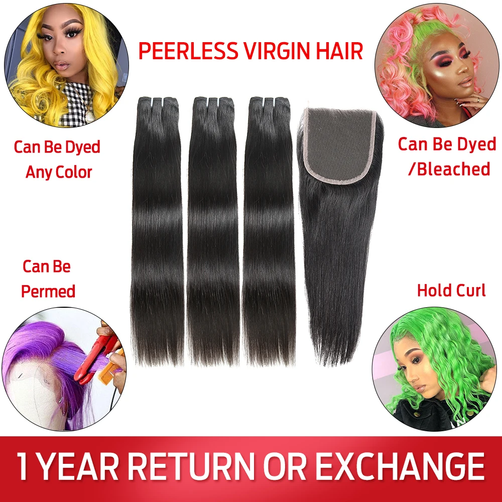 PEERLESS Virgin Hair малазийские прямые Необработанные необработанные человеческие волосы для наращивания 3 пряди с 4*4 на шнуровке