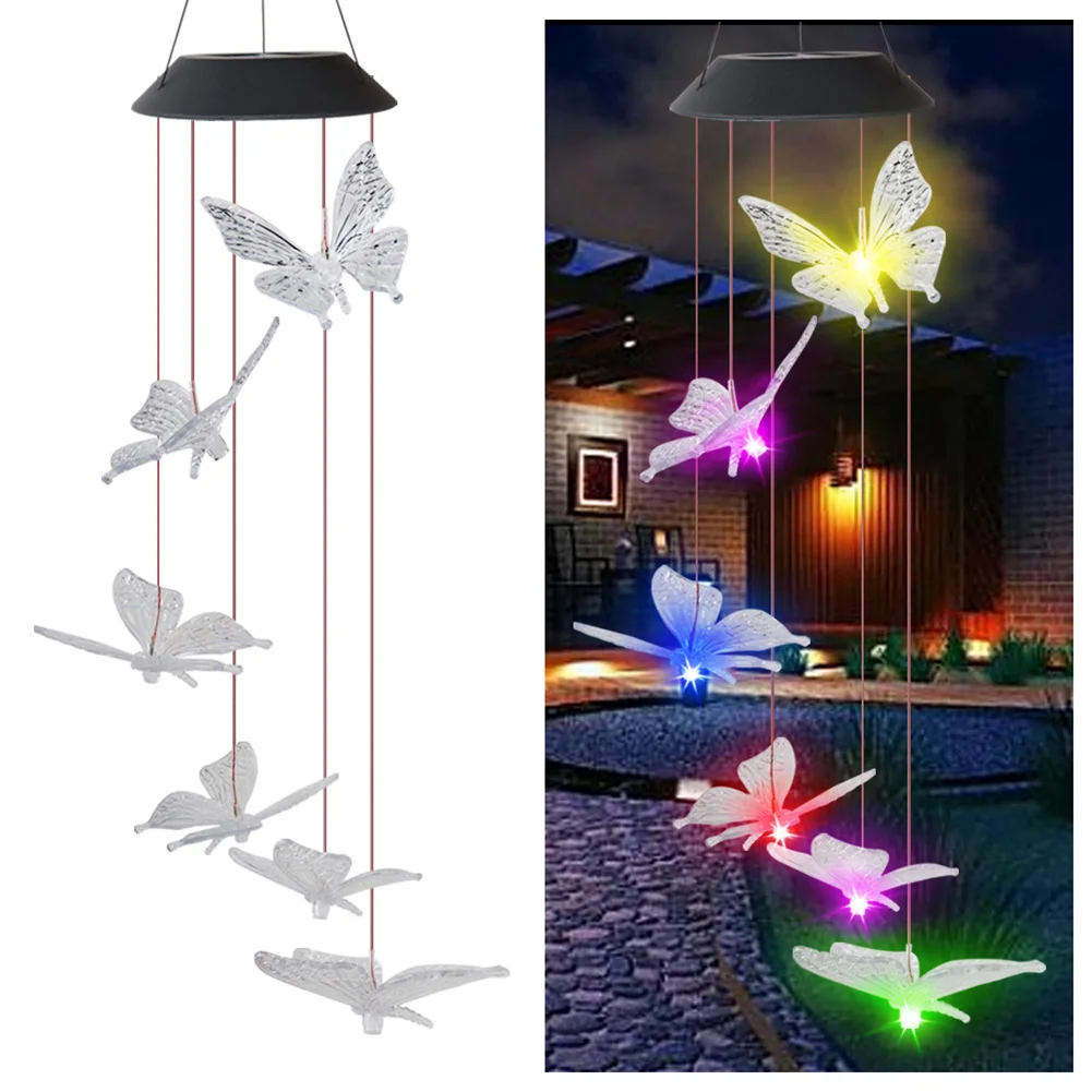 led solar garden lights LED Colorful Solar Power Wind Chime Crystal Hummingbird Butterfly Waterproof Outdoor Windchime Solar Light for Garden solar powered fairy lights Solar Lamps