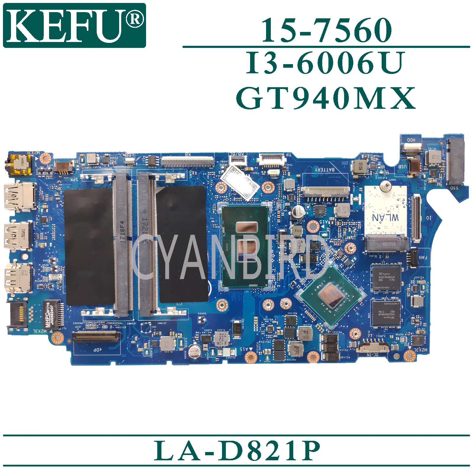 

KEFU LA-D821P original mainboard for Dell Inspiron 15-7560 14-7460 with I3-6006U GT940MX Laptop motherboard