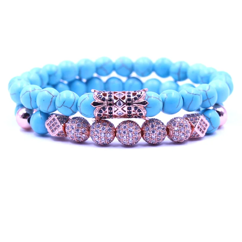 

2/Set 8mm Alloy Ball Curved Tube Micro Inset Zircon Beads Bangle Fashion Elastic Natural Stone Women Men Couple Bracelet Jewelry