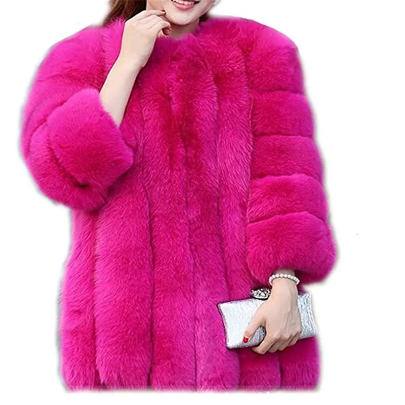 Fuchsia Женское зимнее пушистое пальто из искусственного меха, Высококачественная Толстая имитация меха лисы, женская теплая верхняя одежда - Цвет: Fuchsia