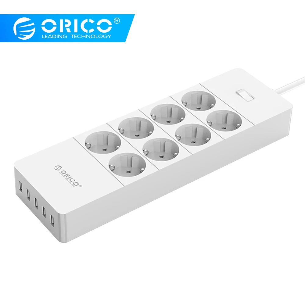 ORICO HPC-8A5U, штепсельная вилка европейского, американского, британского стандарта, 8 розеток, защита от перенапряжения, защита от перенапряжения, с 5x5V2. 4A, USB, супер зарядное устройство, порты, белый, черный