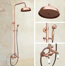 

Antique Red Copper Brass Dual Ceramic Handles Bathroom 8 Inch Round Rain Shower Faucet Set Mixer Tap Hand Shower mrg581